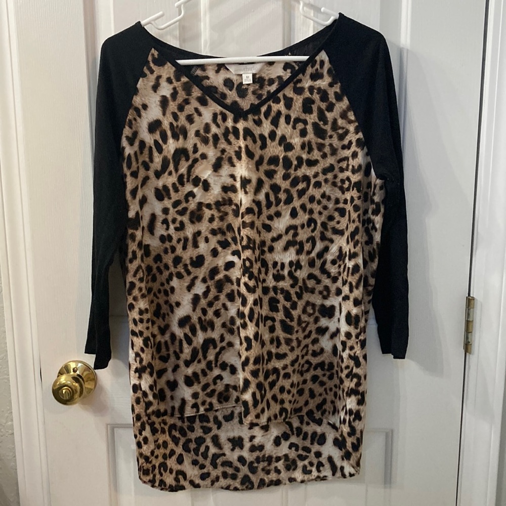Charming Charlie Leopard Print Blouse Long Sleeve Raglan Size Medium